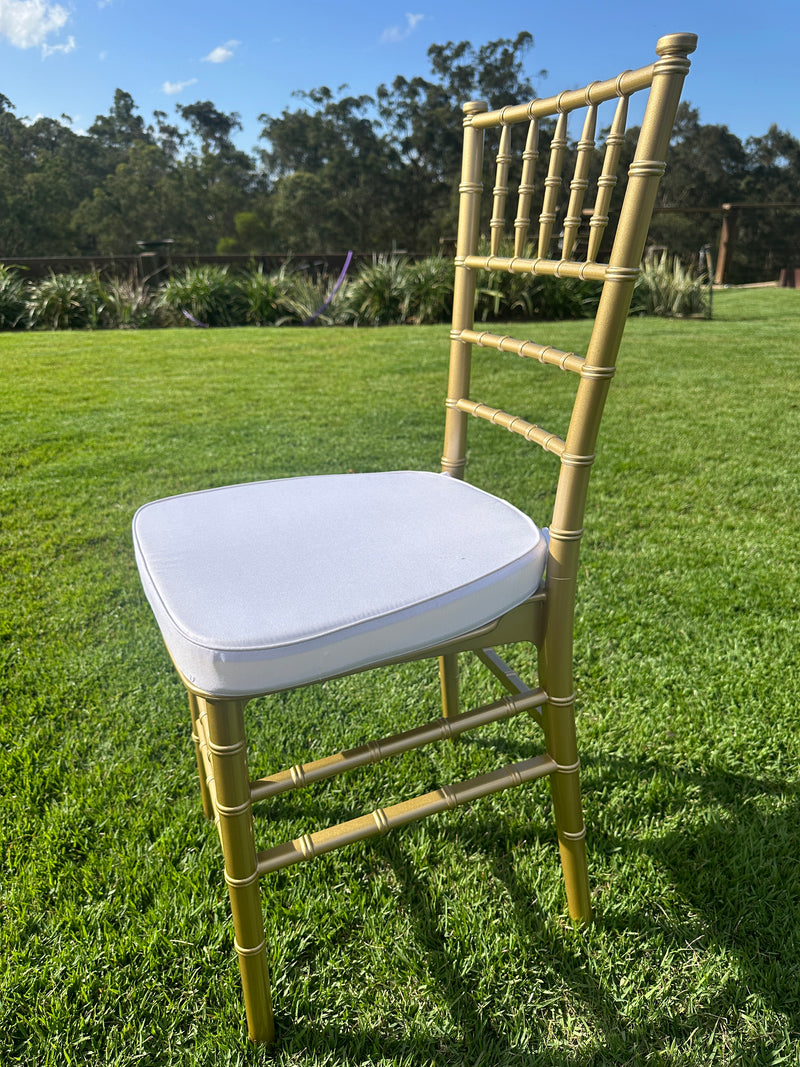 Gold Tiffany Chair | Gold Chiavari Chair | Resin with White Cushion -$63 each