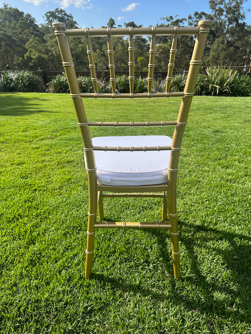 Gold Tiffany Chair | Gold Chiavari Chair | Resin with White Cushion -$63 each